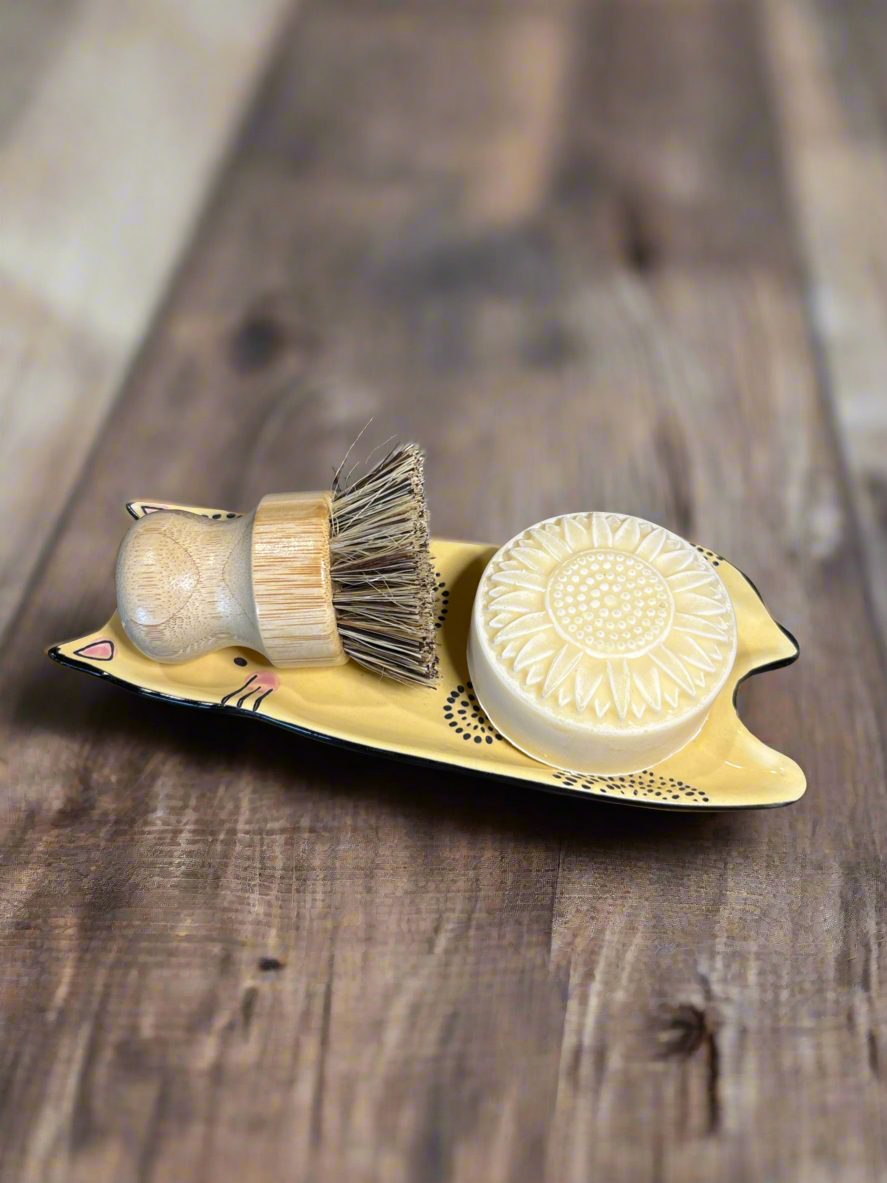 Solid Dish Soap Gift Set, Two 3.5 oz Solid Dish Soap Bars, Yellow Cat Ceramic Tray, Bamboo Pot Scrubber