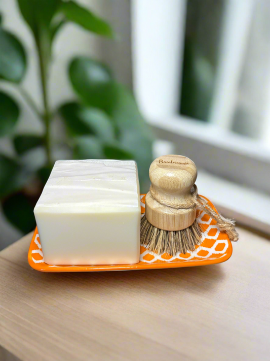 Solid Dish Soap Block Gift Set w/Tray & Bamboo Brush, Orange
