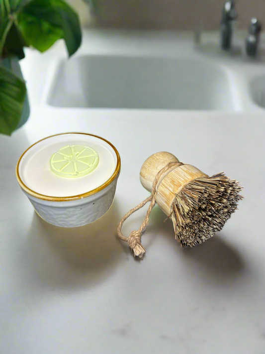 Solid Dish Soap Gift Set, 5 oz Solid Dish Soap, Creamy White Ceramic Ramekin, Bamboo Pot Scrubbie