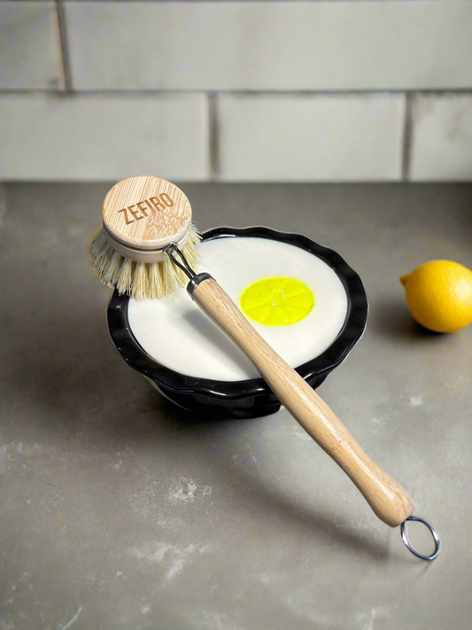 Solid Dish Soap Gift Set with Black Mini Pie Ceramic & Long Handle Bamboo Brush +replacement head