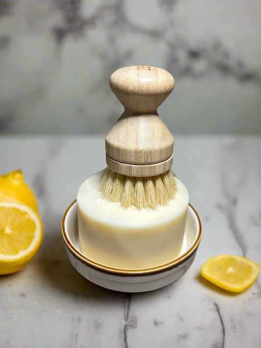 Solid Dish Soap Gift Set with Round Ceramic Ramekin and Bamboo Brush +replacement head