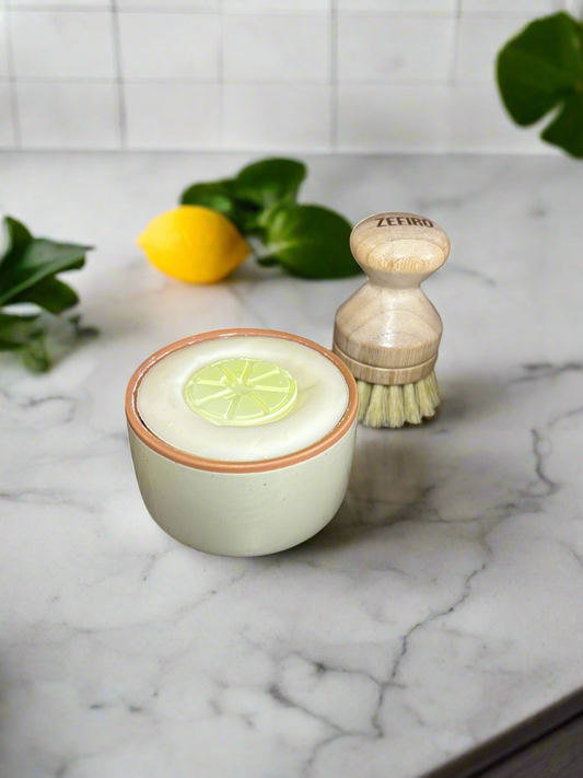 5 oz Solid Dish Soap with Pale Green Ceramic Ramekin & Bamboo Brush