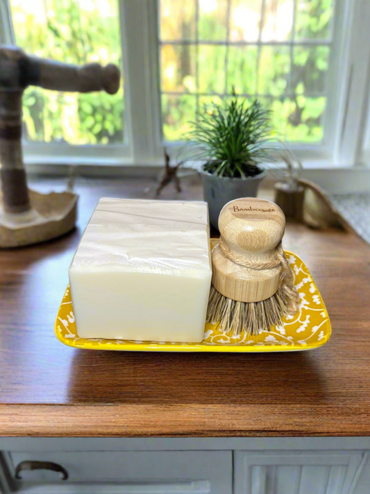 Solid Dish Soap Block Set Gift w/Tray & Bamboo Brush, Yellow