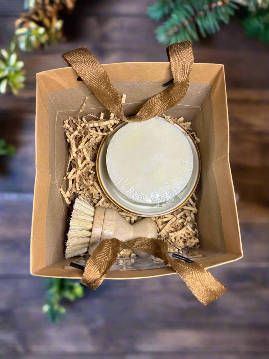 Solid Dish Soap Gift Set with Round Ceramic Ramekin and Bamboo Brush +replacement head