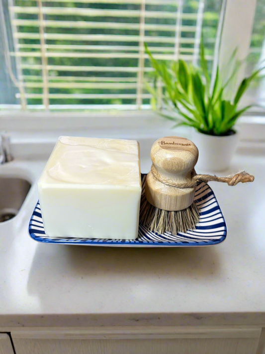 Solid Dish Soap Block Gift Set w/Ceramic Tray and Bamboo Brush, Navy Blue