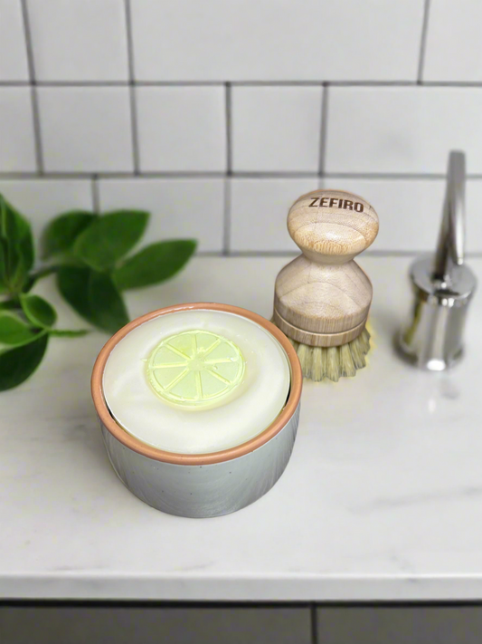 5 oz Solid Dish Soap with Pale Grey Ceramic Ramekin & Bamboo Brush