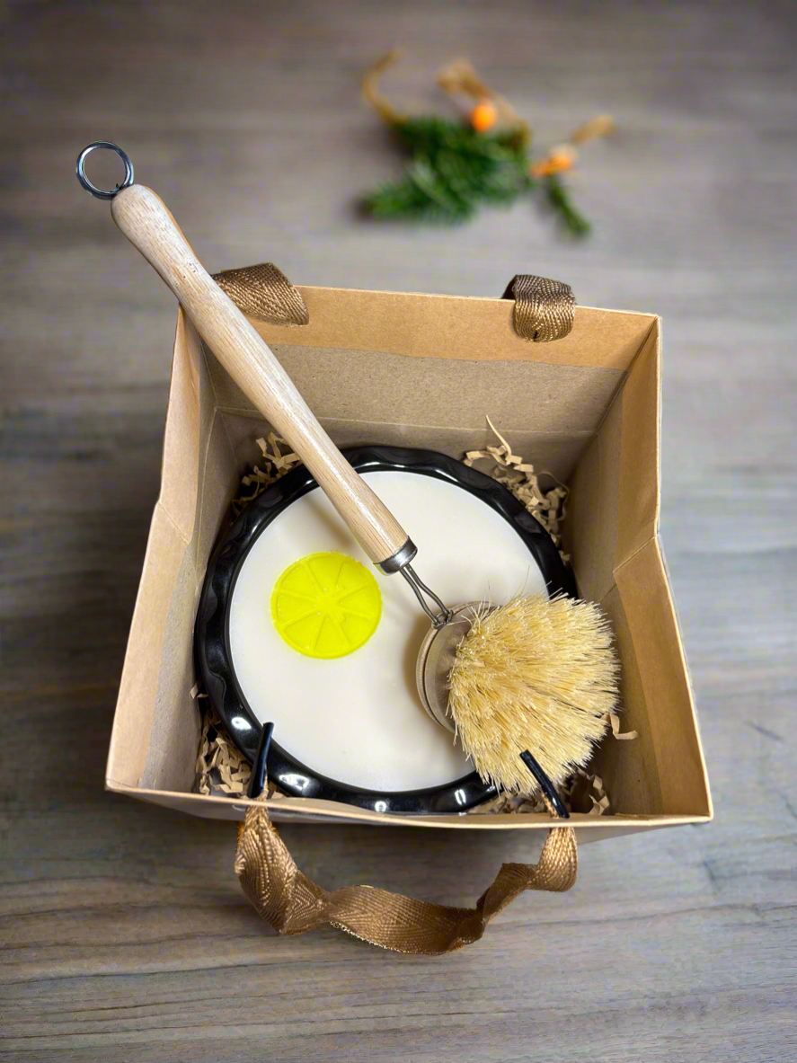 Solid Dish Soap Gift Set with Black Mini Pie Ceramic & Long Handle Bamboo Brush +replacement head