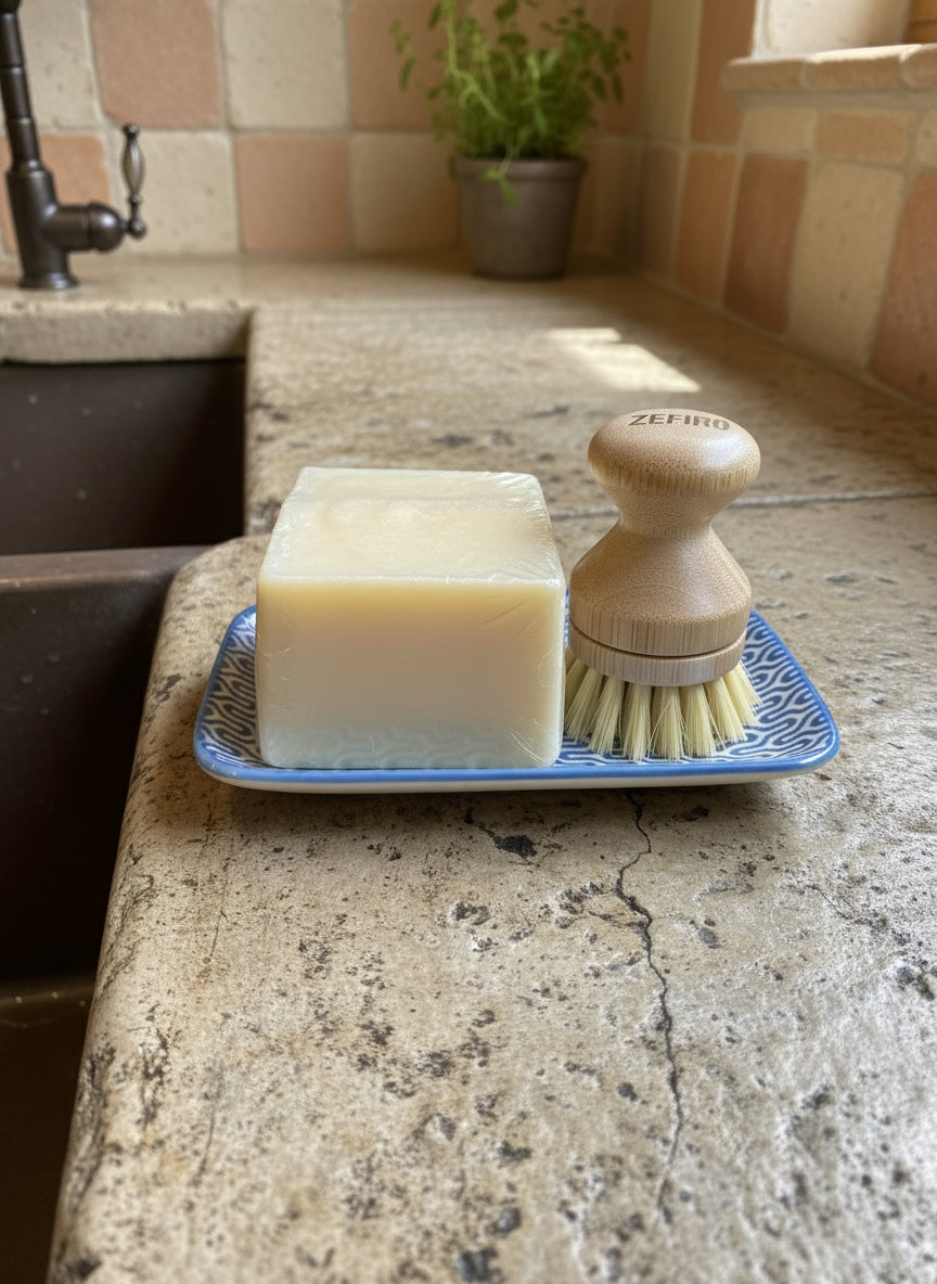 Solid Dish Soap Block Gift Set w/Tray & Bamboo Brush, Blue
