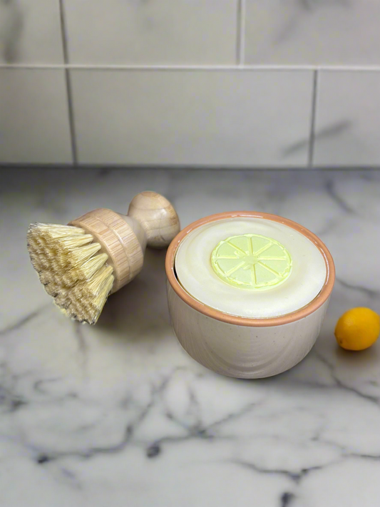 5 oz Solid Dish Soap with Tan Ceramic Ramekin & Bamboo Brush