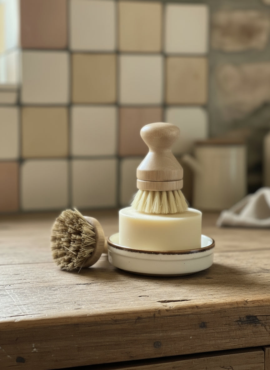 Solid Dish Soap Gift Set with Round Ceramic Ramekin and Bamboo Brush +replacement head